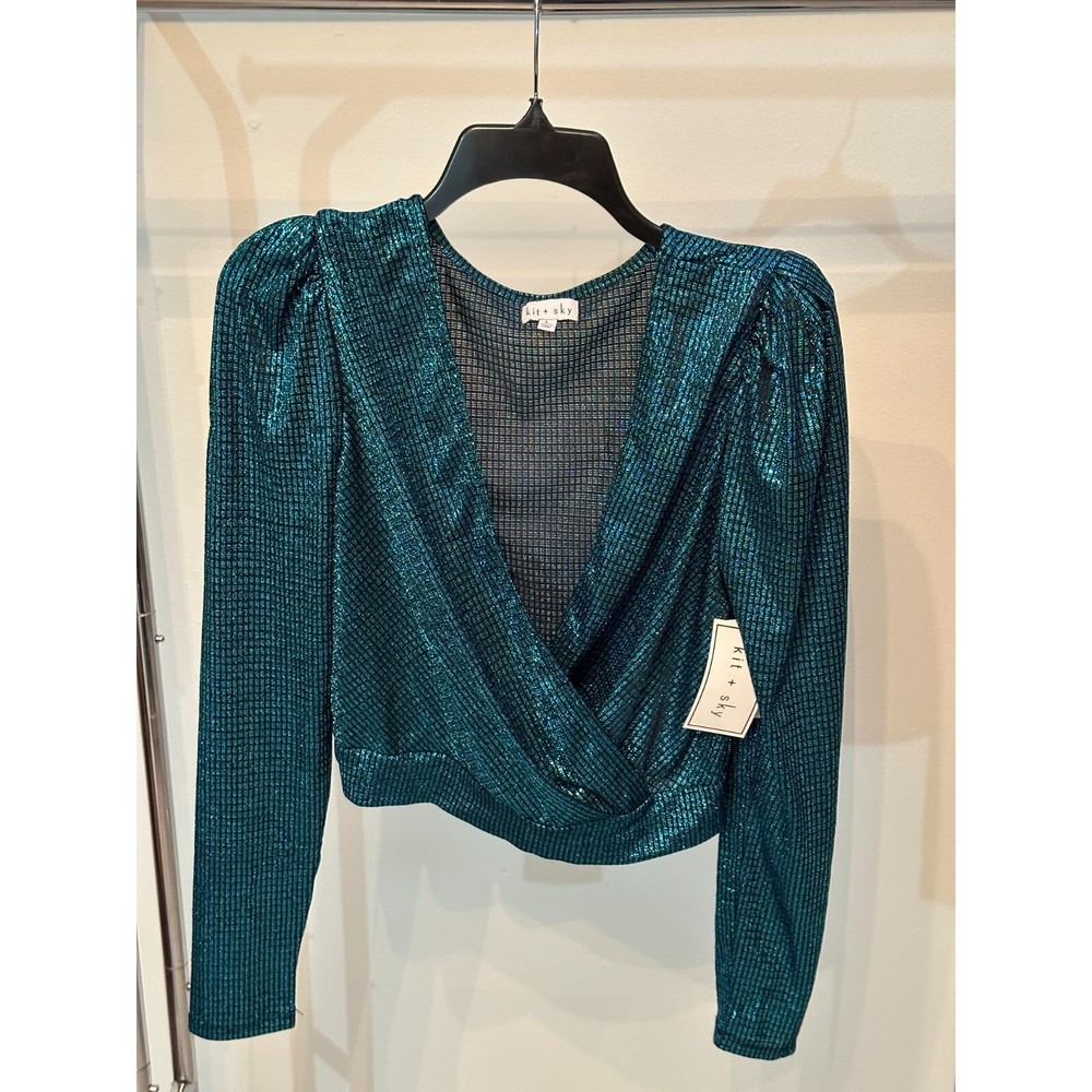 Kit & Sky Metallic Faux-Wrap Crop Top- Metallic Dark L